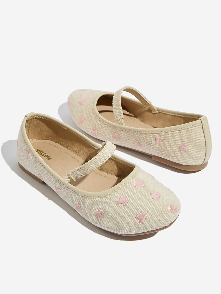 Yellow Off-White Hearts Embroidered Mary Jane Shoes