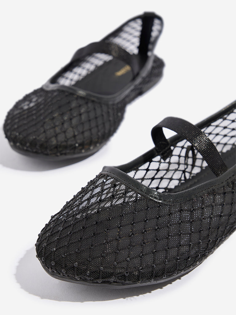 Yellow Black Mesh-Detailed Mary Jane Shoes