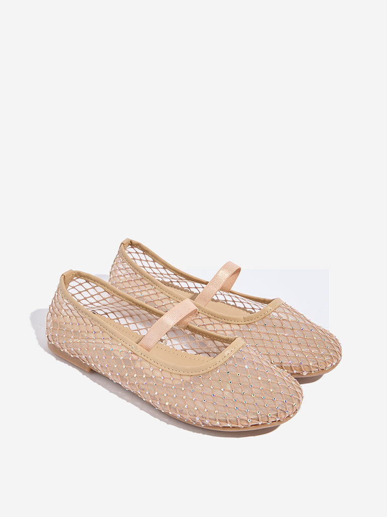 Yellow Beige Mesh-Detailed Mary Jane Shoes