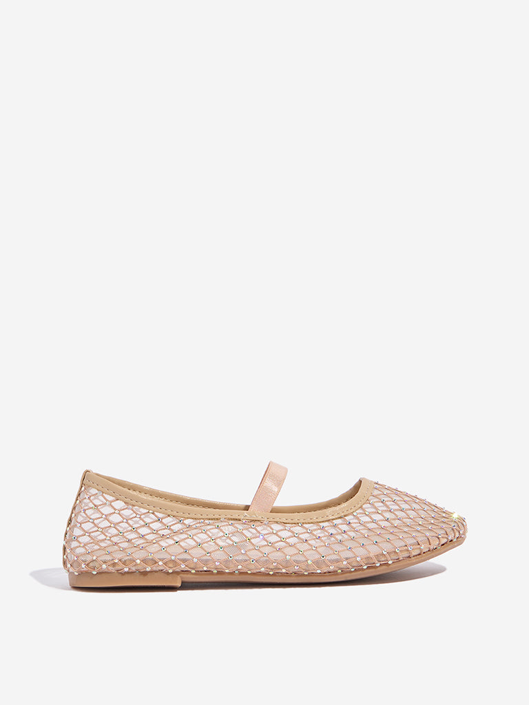 Yellow Beige Mesh-Detailed Mary Jane Shoes