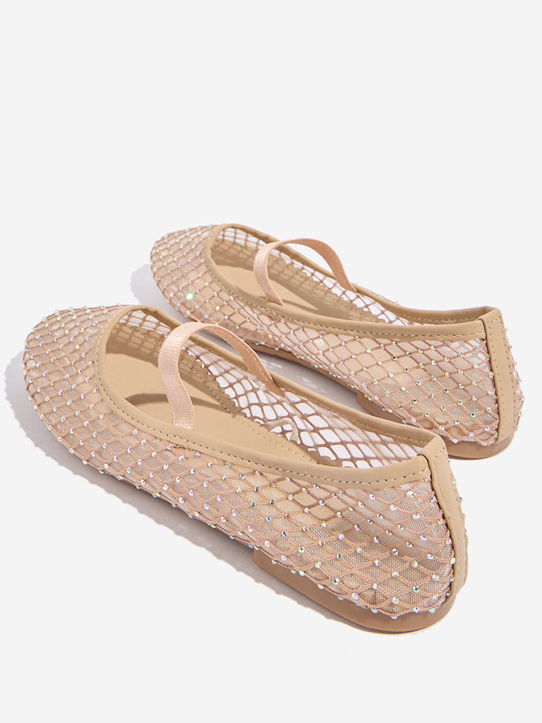 Yellow Beige Mesh-Detailed Mary Jane Shoes