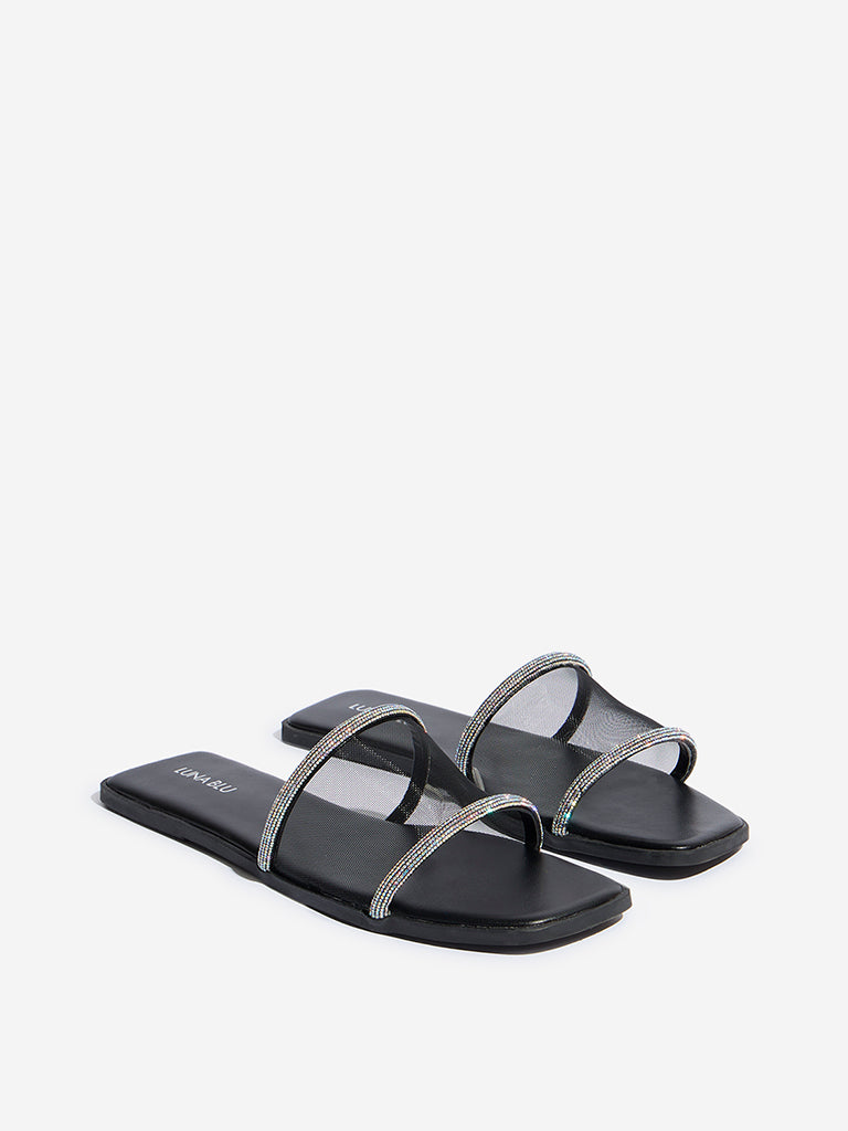 LUNA BLU Black Diamante Embellished Mesh Slides