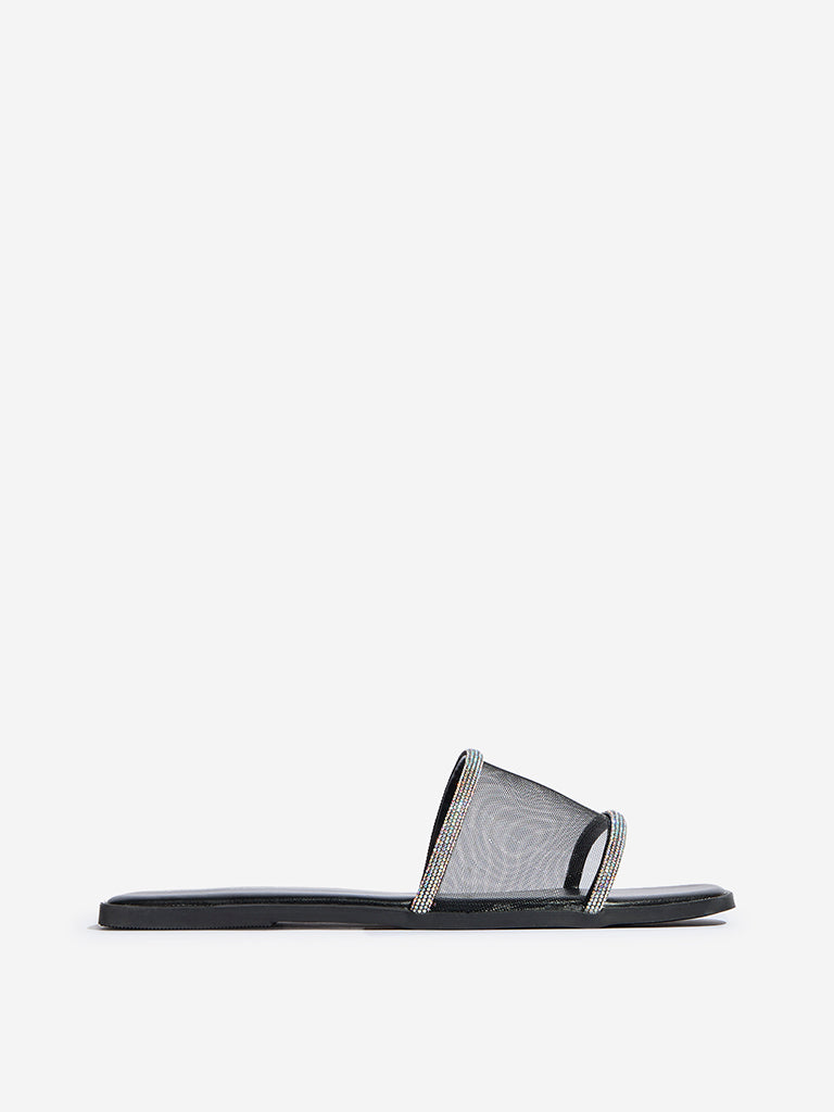 LUNA BLU Black Diamante Embellished Mesh Slides