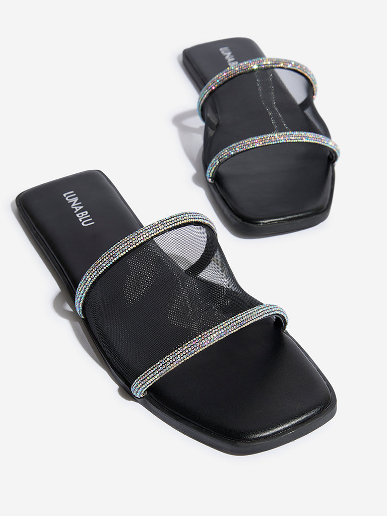 LUNA BLU Black Diamante Embellished Mesh Slides