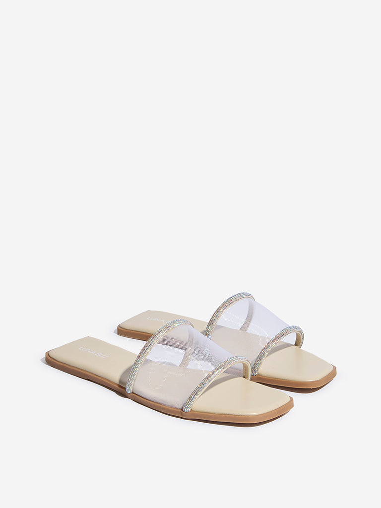 LUNA BLU Ivory Diamante Embellished Mesh Slides