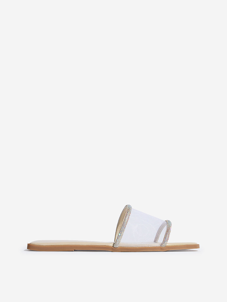 LUNA BLU Ivory Diamante Embellished Mesh Slides