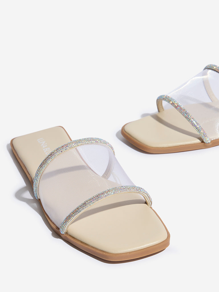 LUNA BLU Ivory Diamante Embellished Mesh Slides