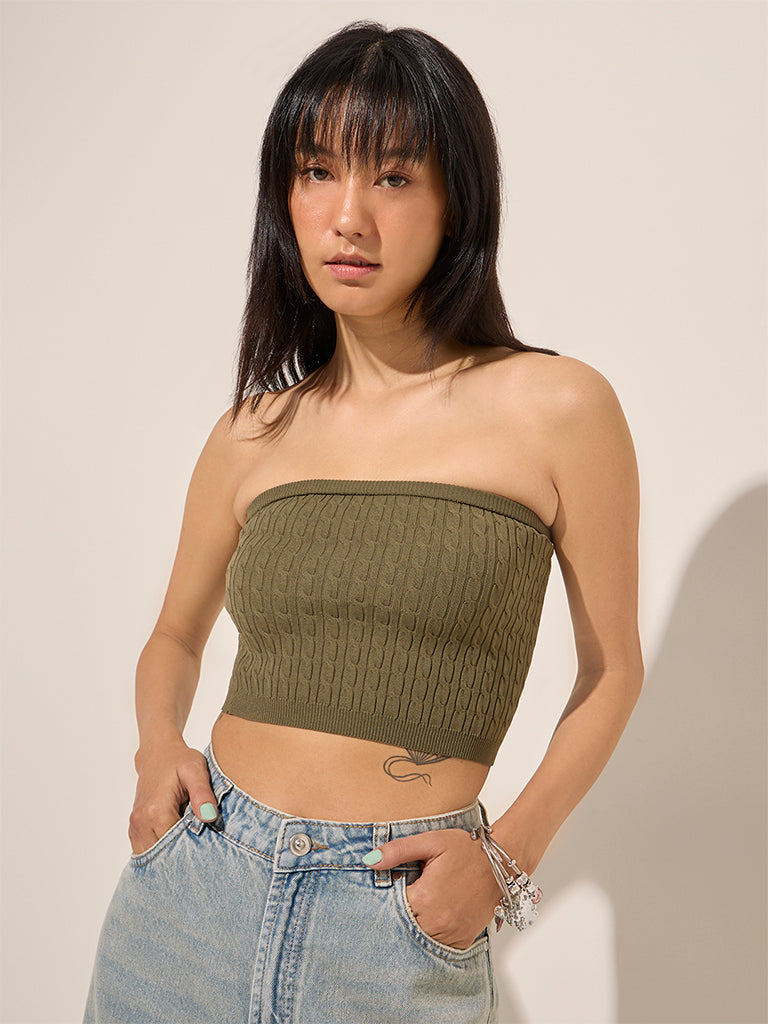 Nuon Olive Cable Knit Textured Tube Top