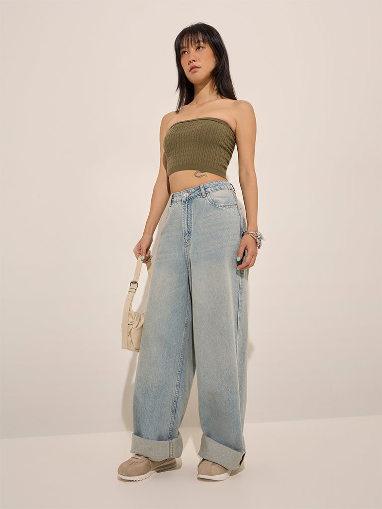 Nuon Olive Cable Knit Textured Tube Top