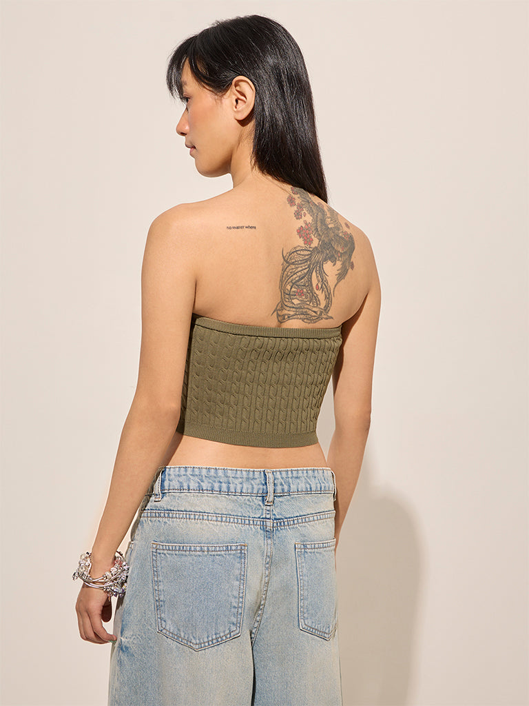 Nuon Olive Cable Knit Textured Tube Top