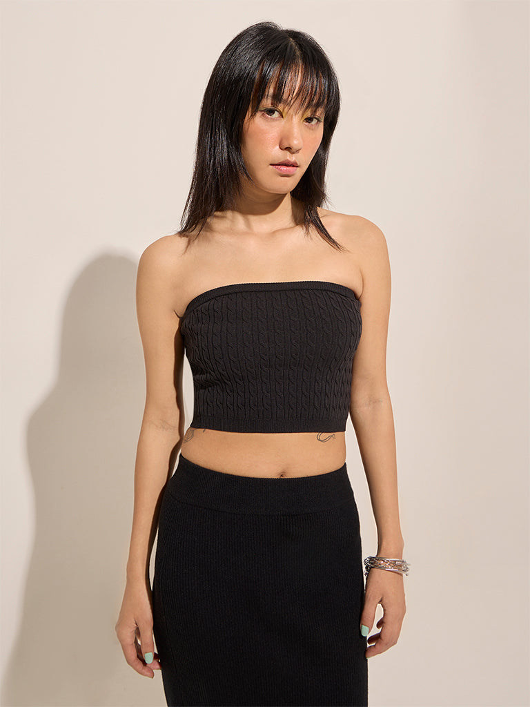 Nuon Black Cable Knit Textured Tube Top