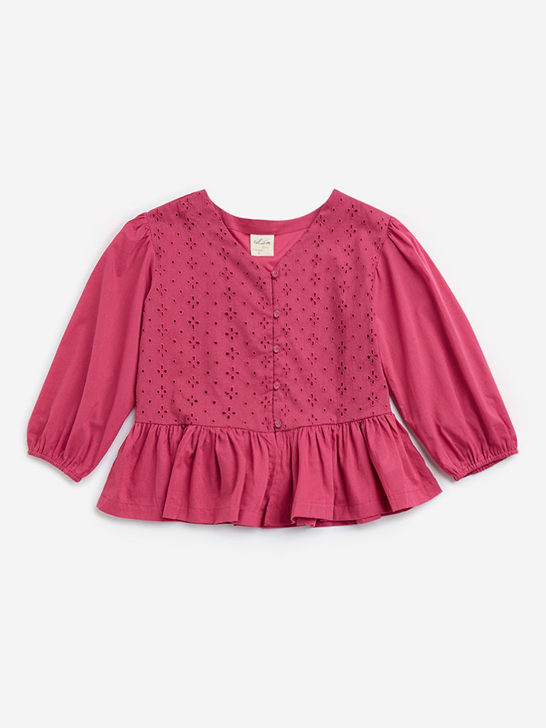 Utsa Kids Pink Schiffli Design Cotton Ethnic Top - (8-14yrs)