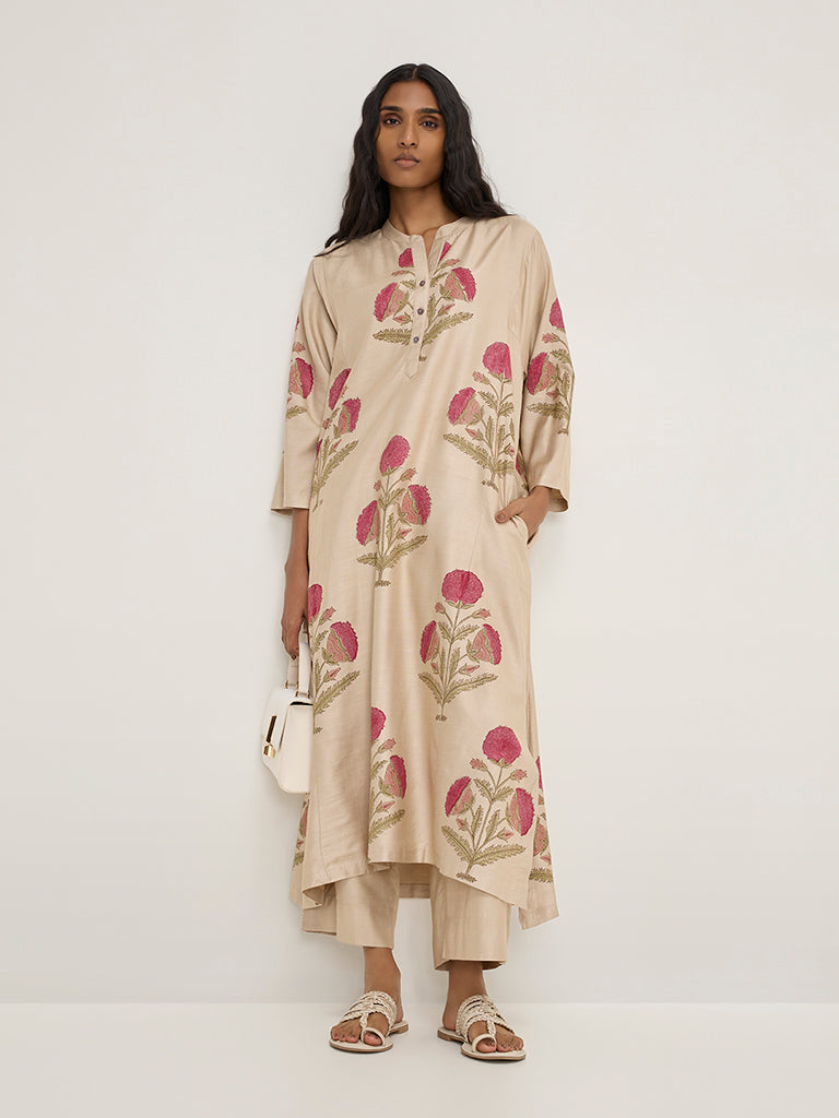 Zuba Beige Floral Printed A-Line Kurta