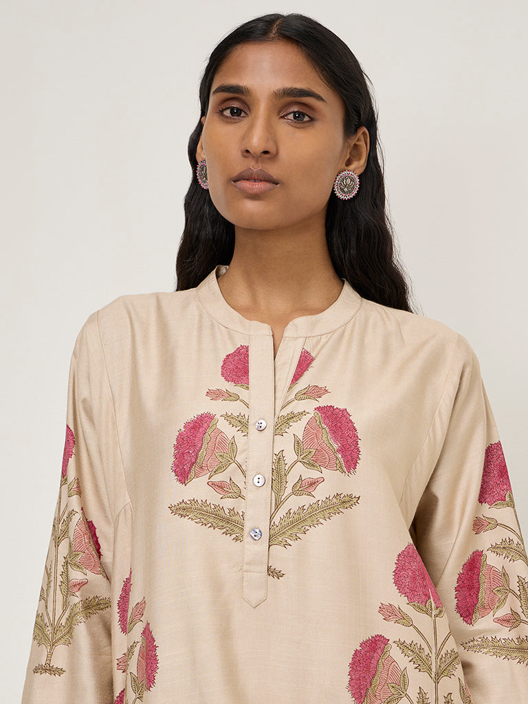 Zuba Beige Floral Printed A-Line Kurta