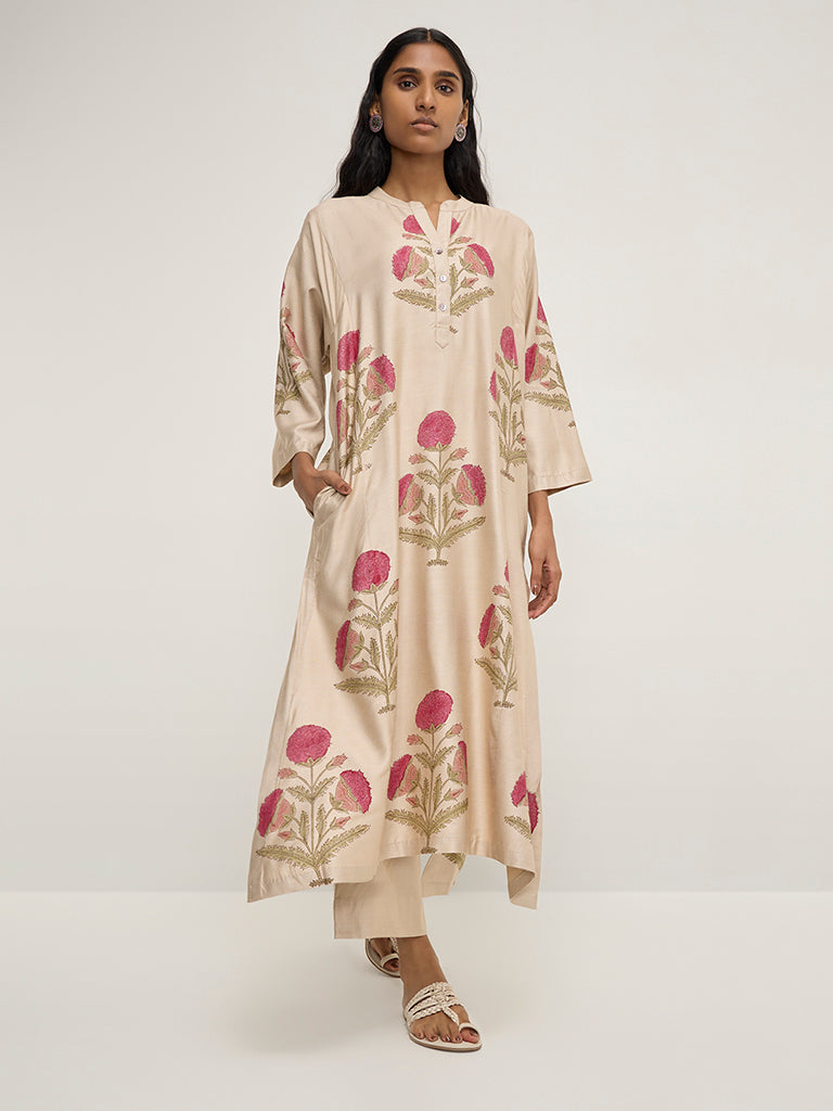 Zuba Beige Floral Printed A-Line Kurta