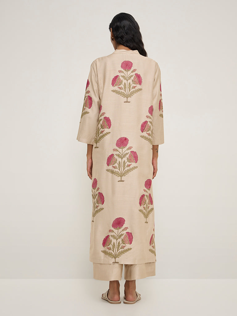 Zuba Beige Floral Printed A-Line Kurta