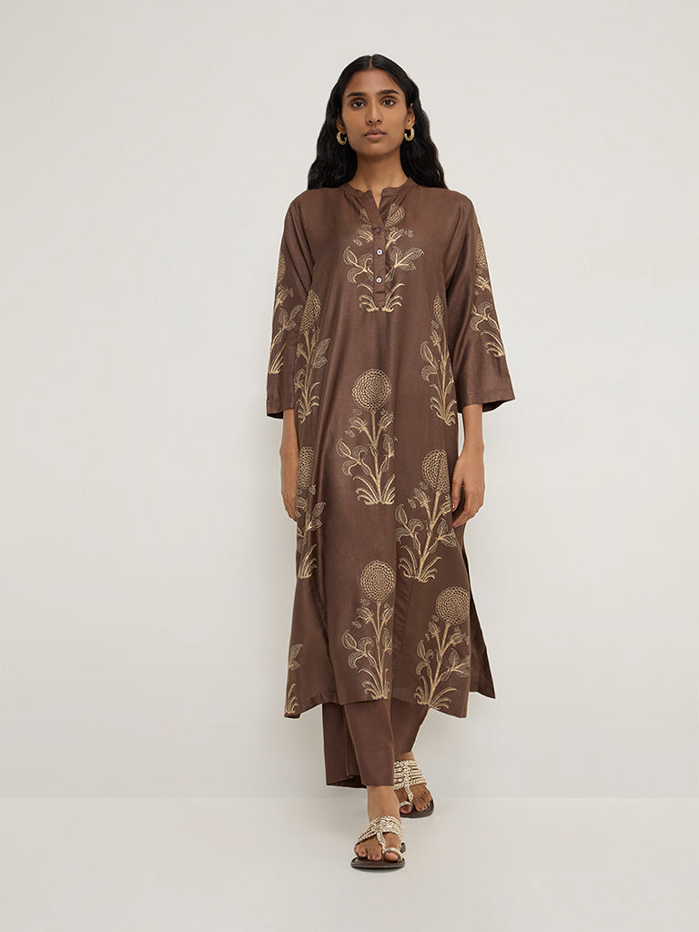 Zuba Brown Foliage-Printed Straight Kurta