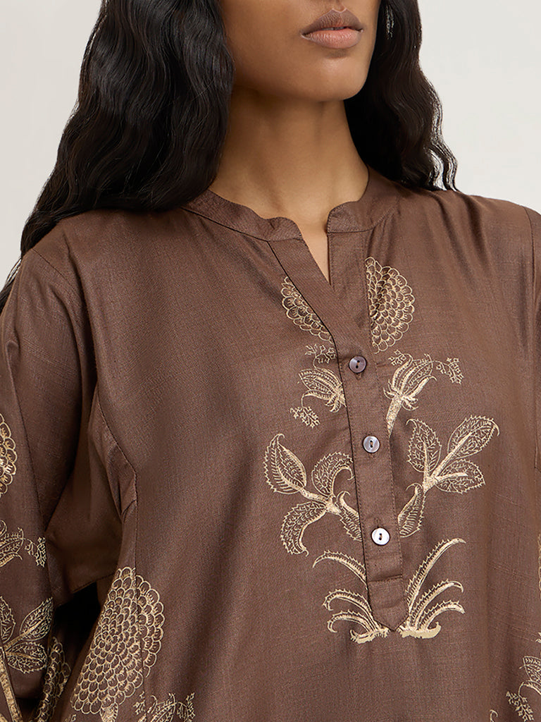 Zuba Brown Foliage-Printed Straight Kurta