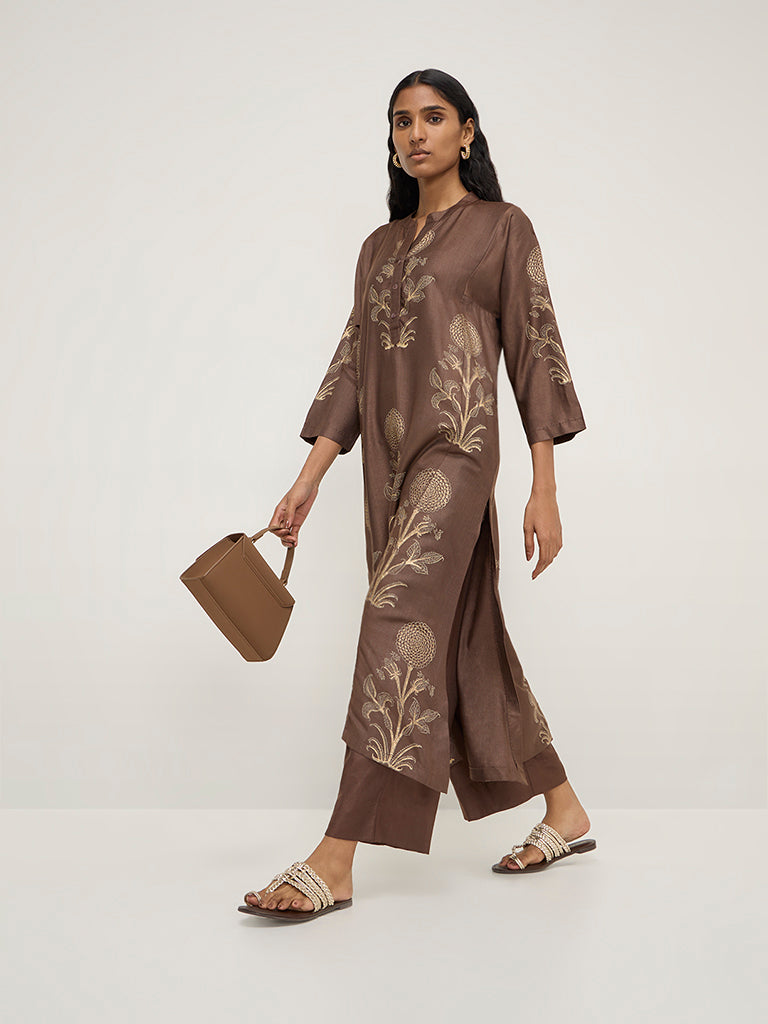 Zuba Brown Foliage-Printed Straight Kurta