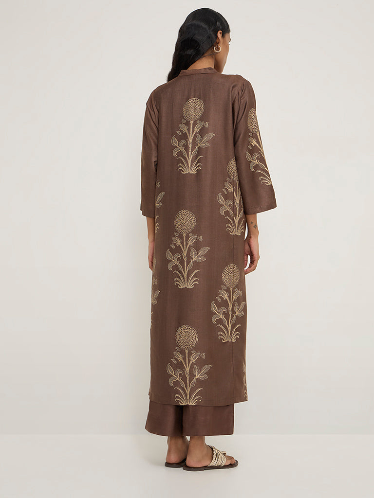 Zuba Brown Foliage-Printed Straight Kurta