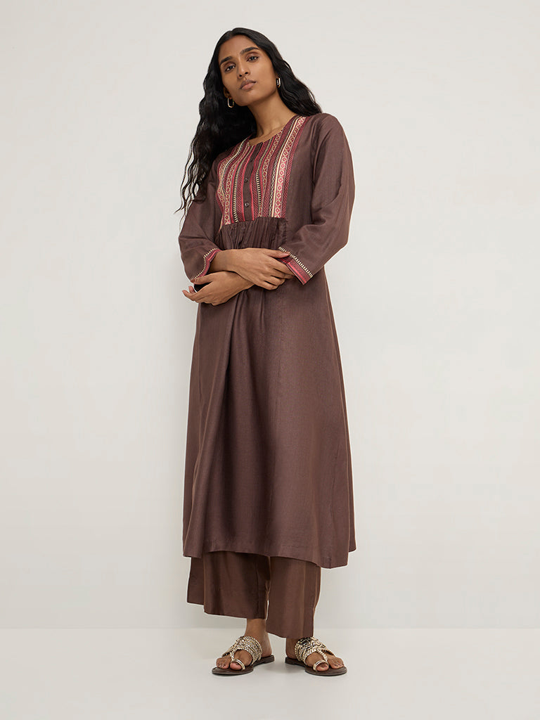 Zuba Brown Embroidered A-Line Kurta