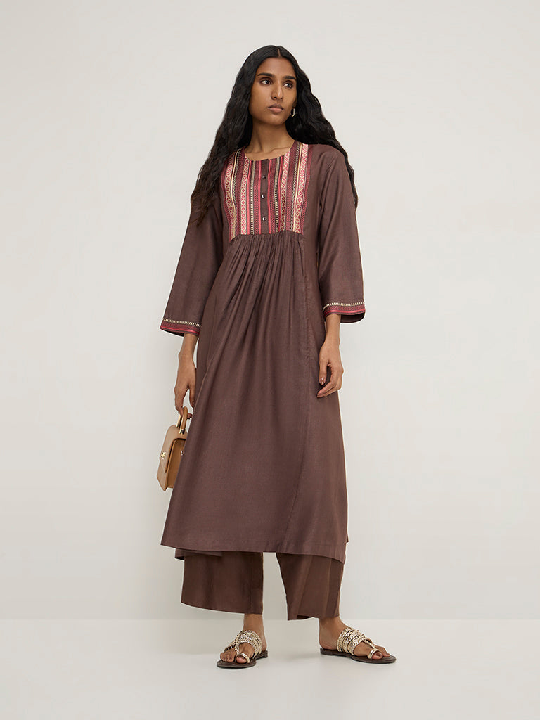 Zuba Brown Embroidered A-Line Kurta