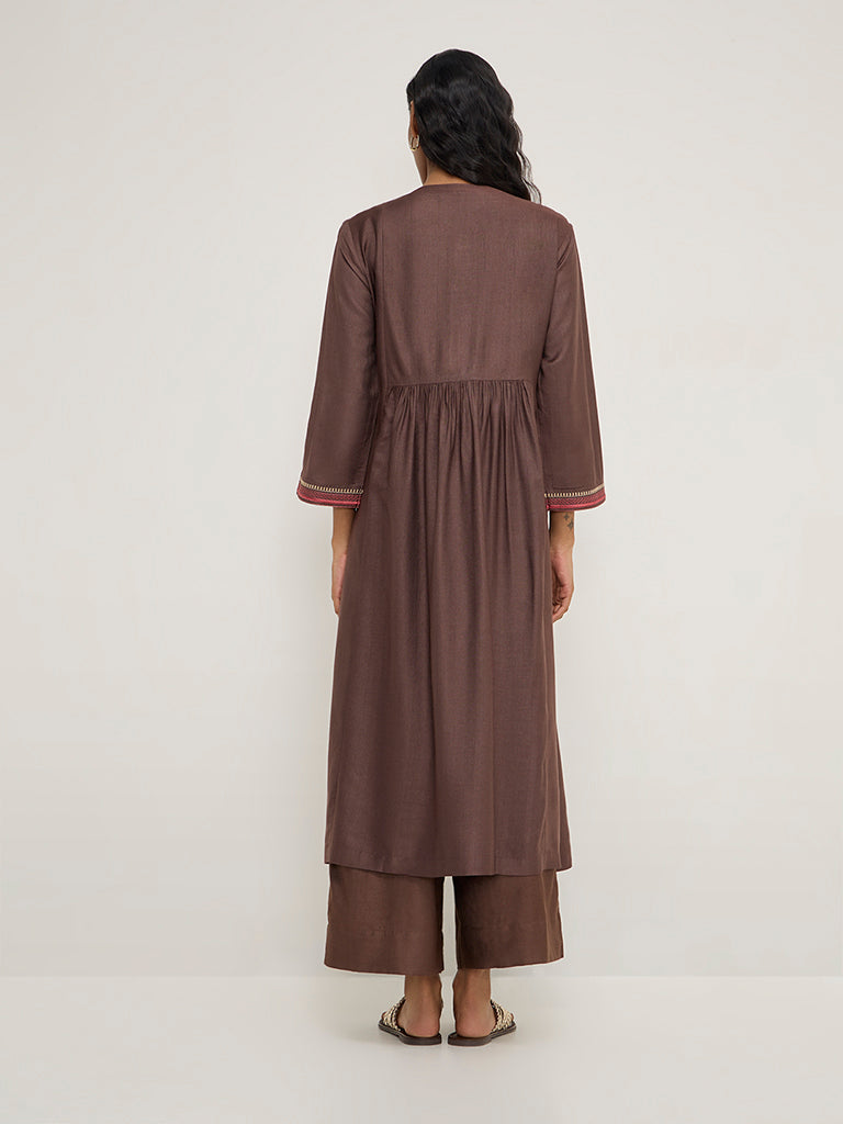 Zuba Brown Embroidered A-Line Kurta