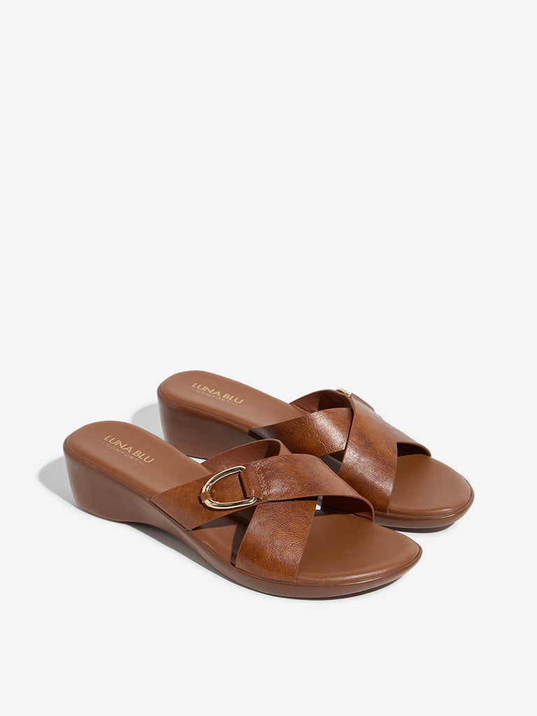 LUNA BLU Tan Criss-Cross Strap Comfort Sandals