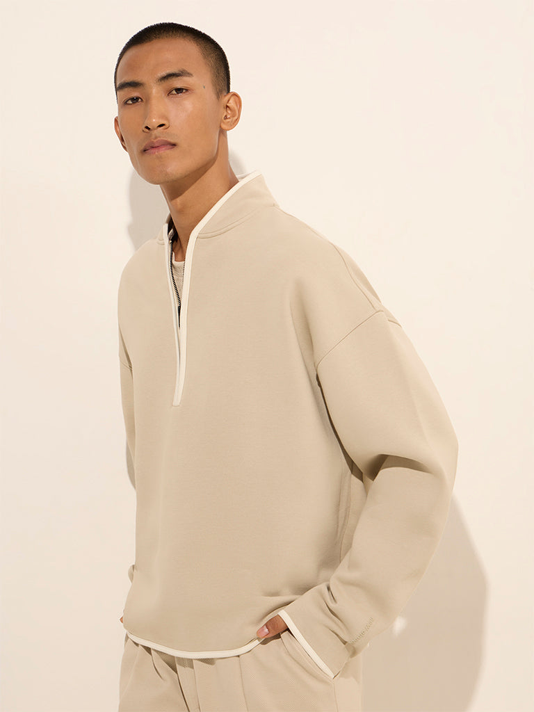 Studiofit Beige Solid Relaxed-Fit Cotton-Blend Sweatshirt