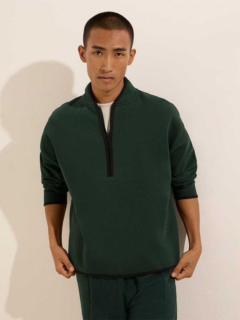 Studiofit Dark Green Solid Relaxed-Fit Cotton-Blend Sweatshirt