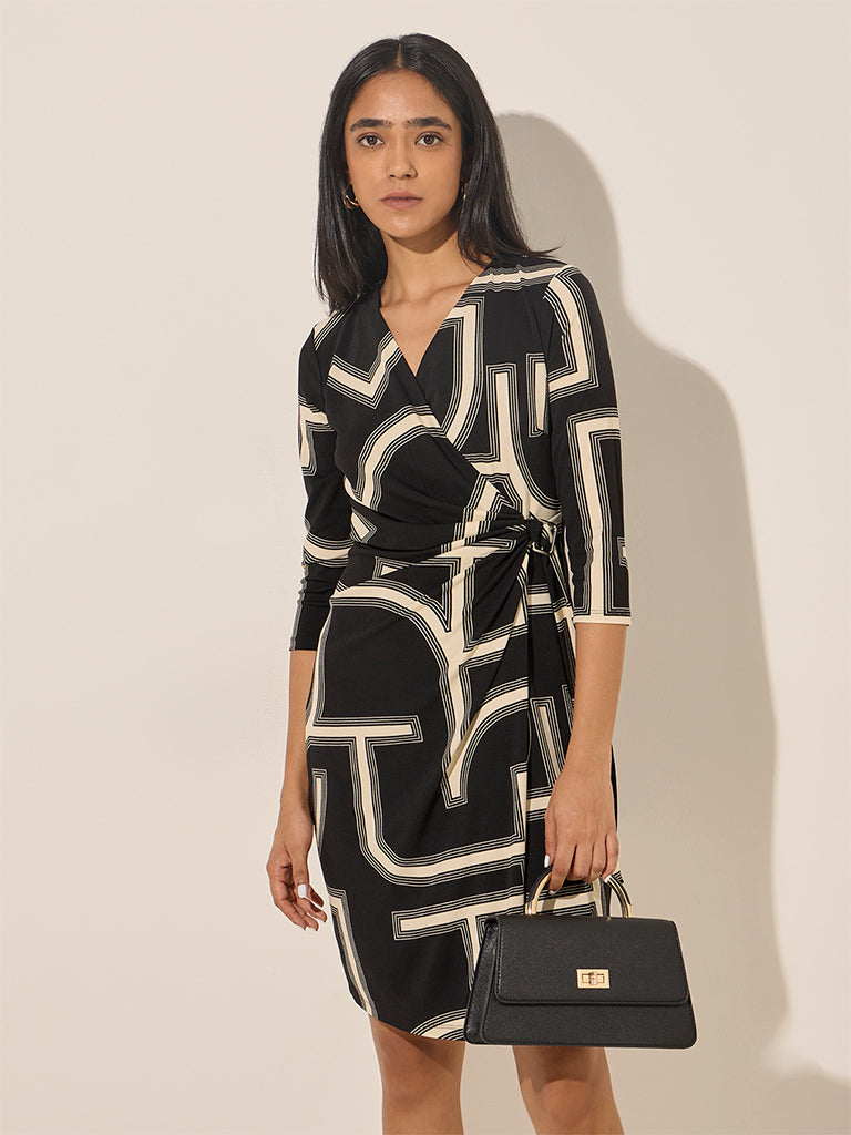 Wardrobe Black Abstract Printed Wrap-Style Dress