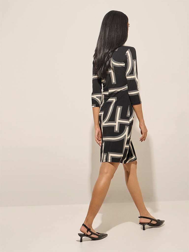 Wardrobe Black Abstract Printed Wrap-Style Dress