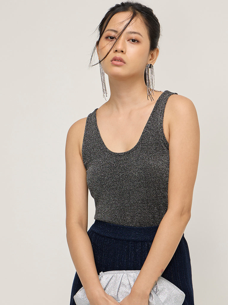 Wardrobe Grey Ribbed Shimmer-Detailed Top