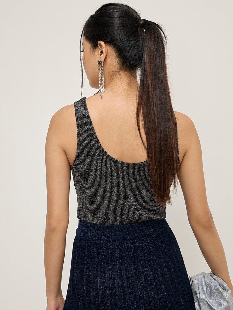 Wardrobe Grey Ribbed Shimmer-Detailed Top