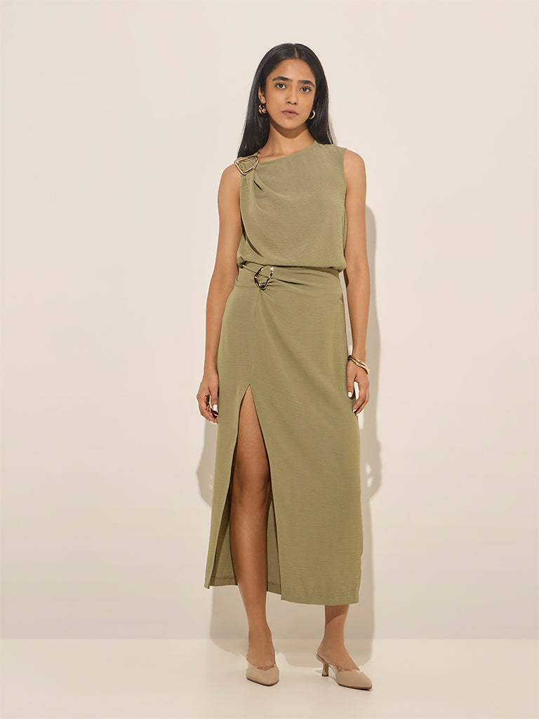 Wardrobe Olive Metal-Detailed High-Rise Skirt