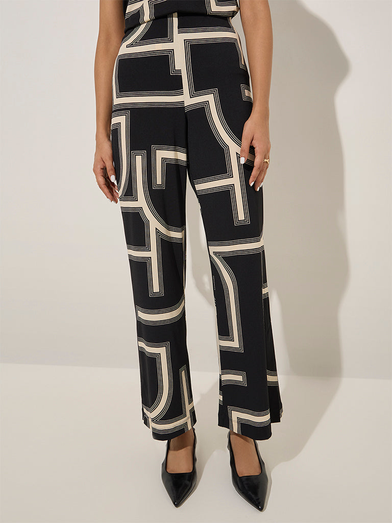 Wardrobe Black Abstract Design High-Rise Trousers