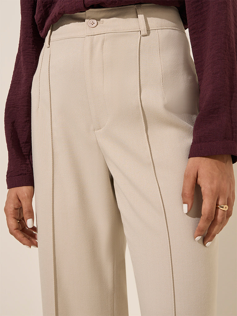 Wardrobe Beige Solid High-Rise Trousers