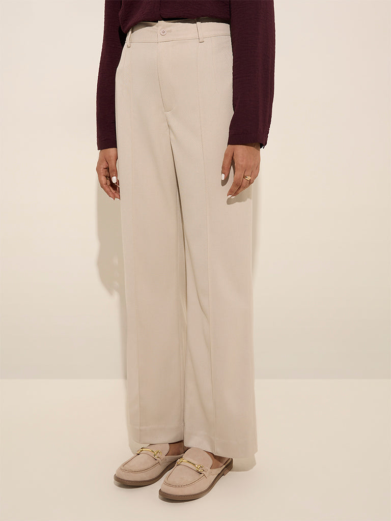 Wardrobe Beige Solid High-Rise Trousers