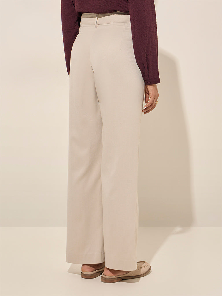 Wardrobe Beige Solid High-Rise Trousers