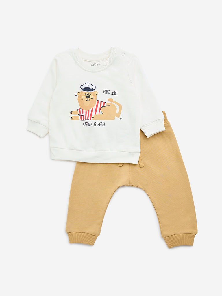 HOP Baby White Tiger Print Cotton Sweatshirt and Pants Set