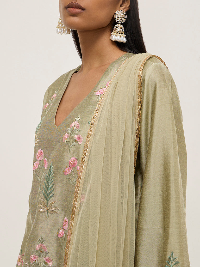 Vark Sage Embroidered Kurta, Ethnic Pants and Dupatta Set