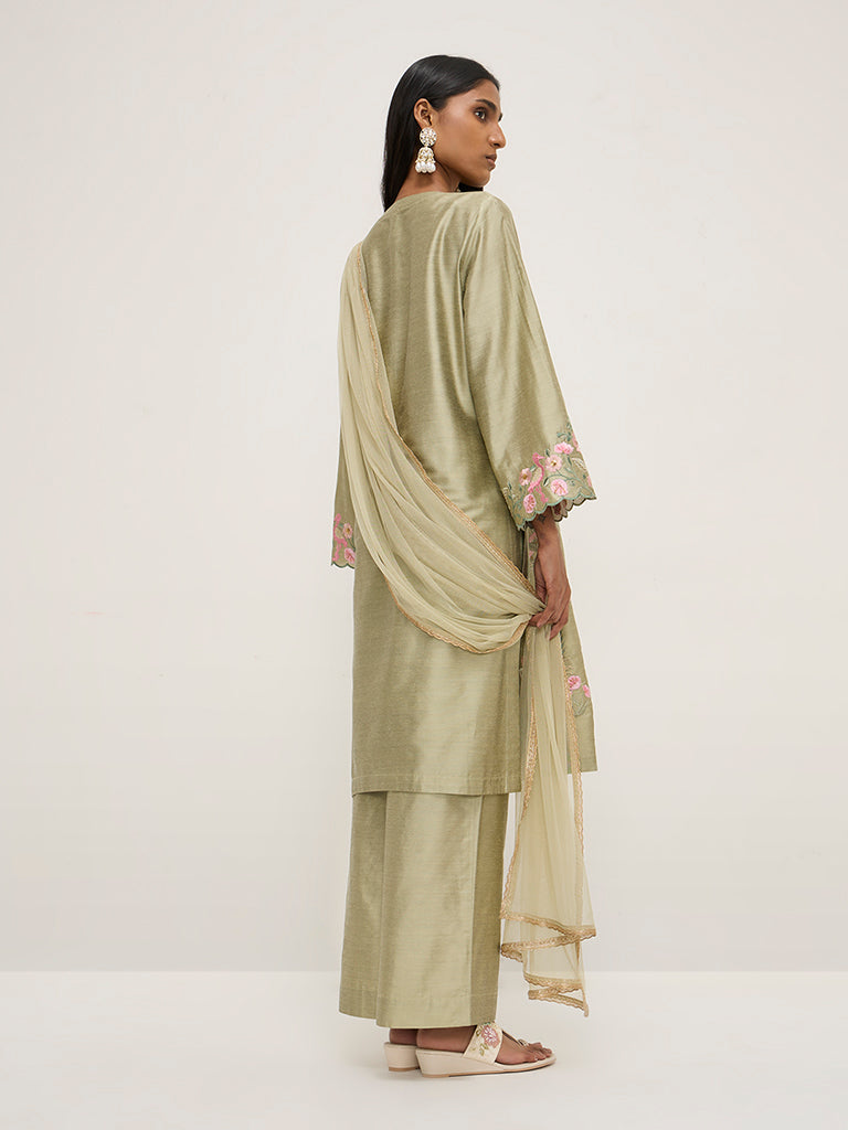 Vark Sage Embroidered Kurta, Ethnic Pants and Dupatta Set