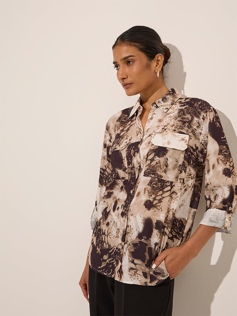 Wardrobe Brown Abstract Printed Shirt