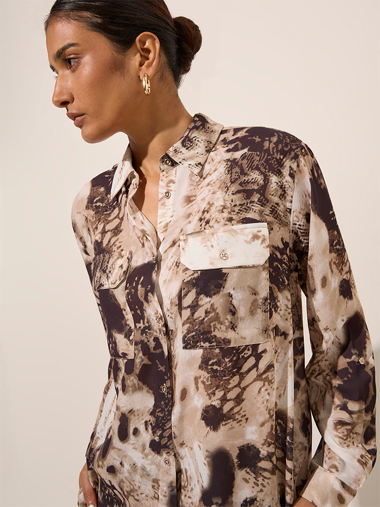 Wardrobe Brown Abstract Printed Shirt