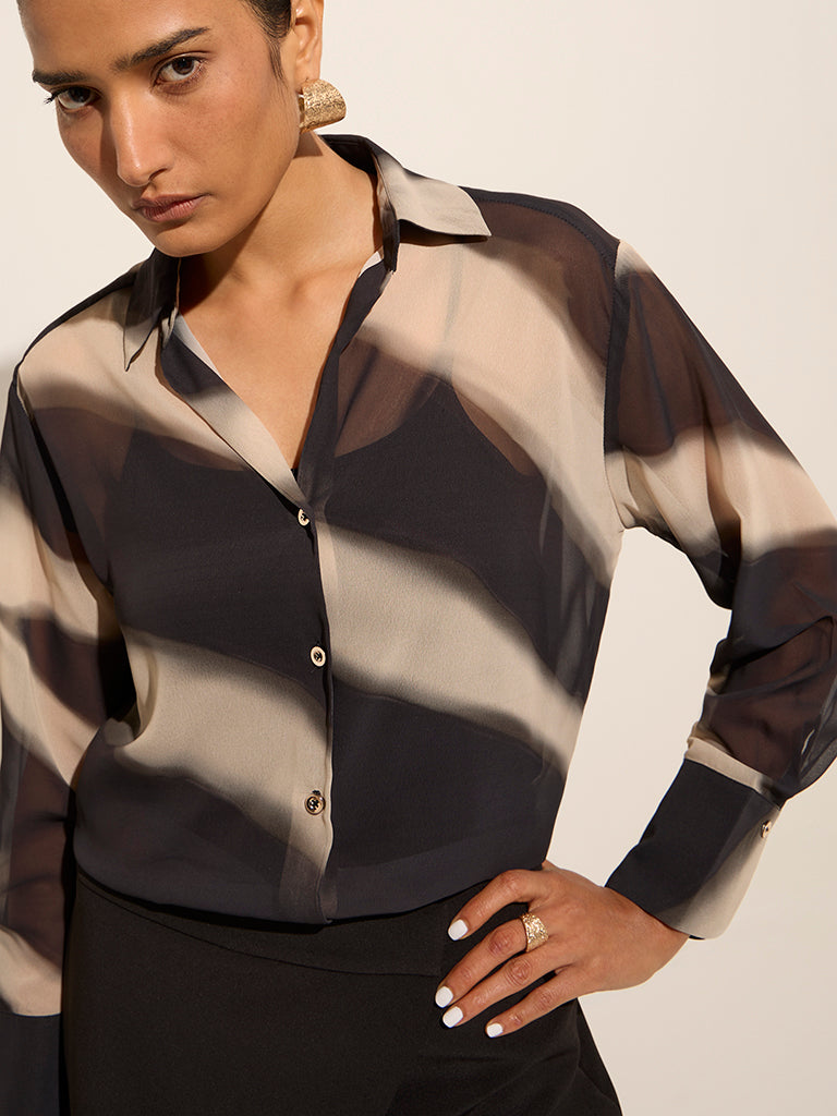 Wardrobe Black Printed Shirt with Camisole