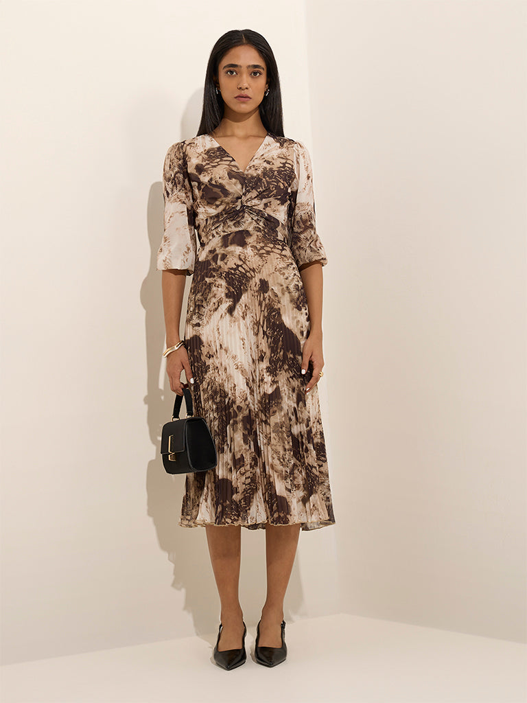 Wardrobe Brown Abstract Printed A-Line Dress