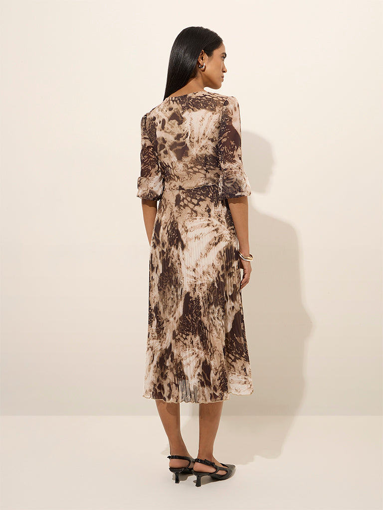 Wardrobe Brown Abstract Printed A-Line Dress