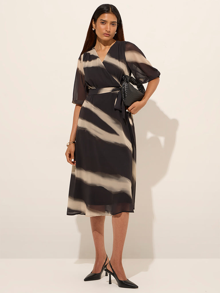 Wardrobe Black Printed A-Line Belted Dress