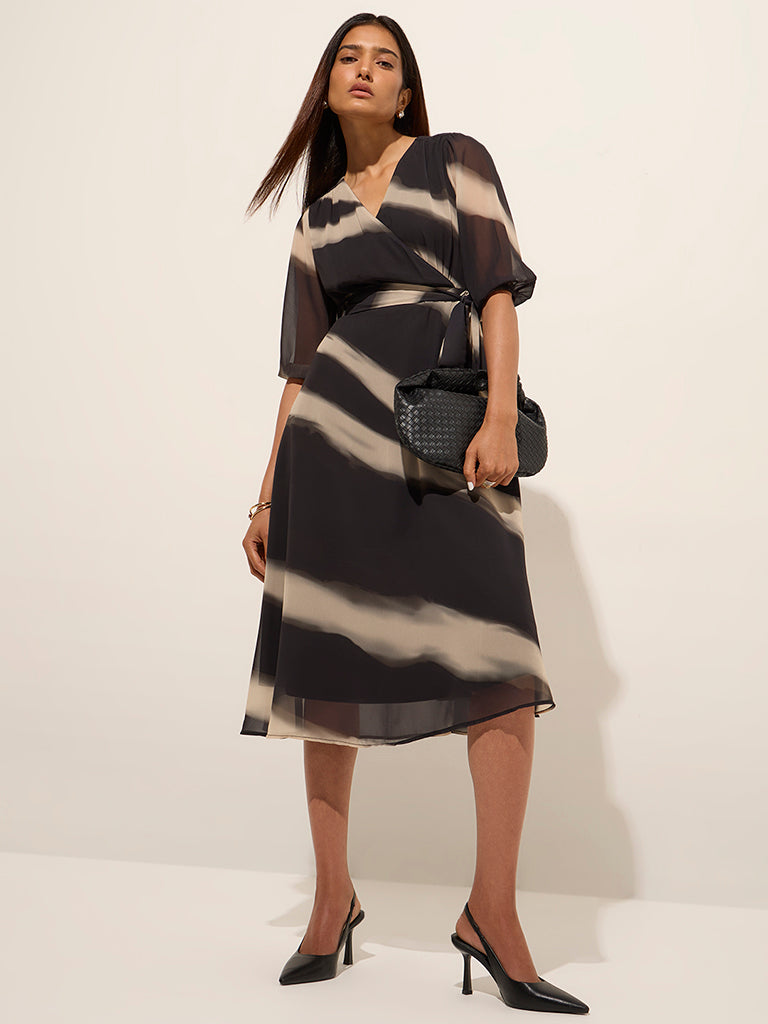 Wardrobe Black Printed A-Line Belted Dress