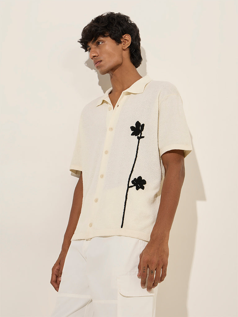 Nuon Off-White Floral Embroidered Relaxed-Fit Cotton-Blend Shirt